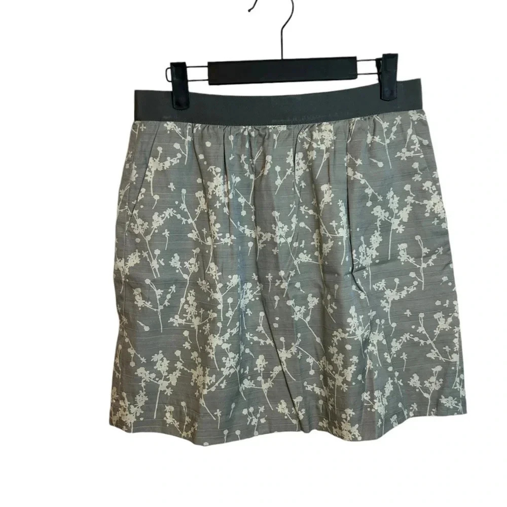 Loft Gray Floral Silk Blend Ribbon Waist Skirt